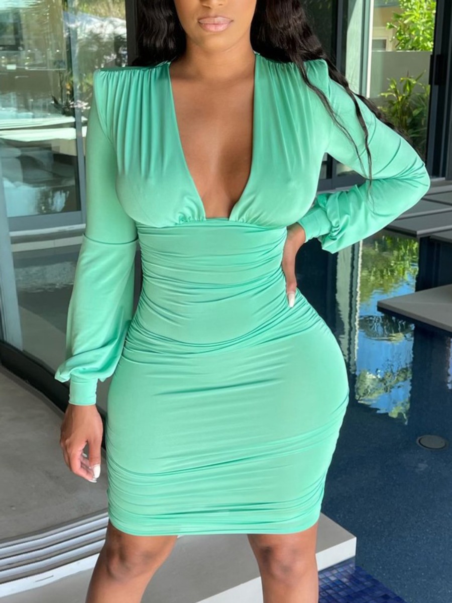 

LW SXY V Neck Ruched Bodycon Dress, Green