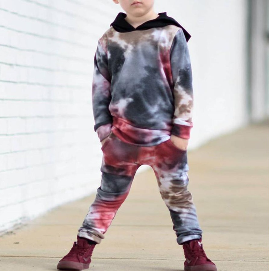 

LW COTTON Boy Hooded Collar Tie-dye Pants Set, Multi