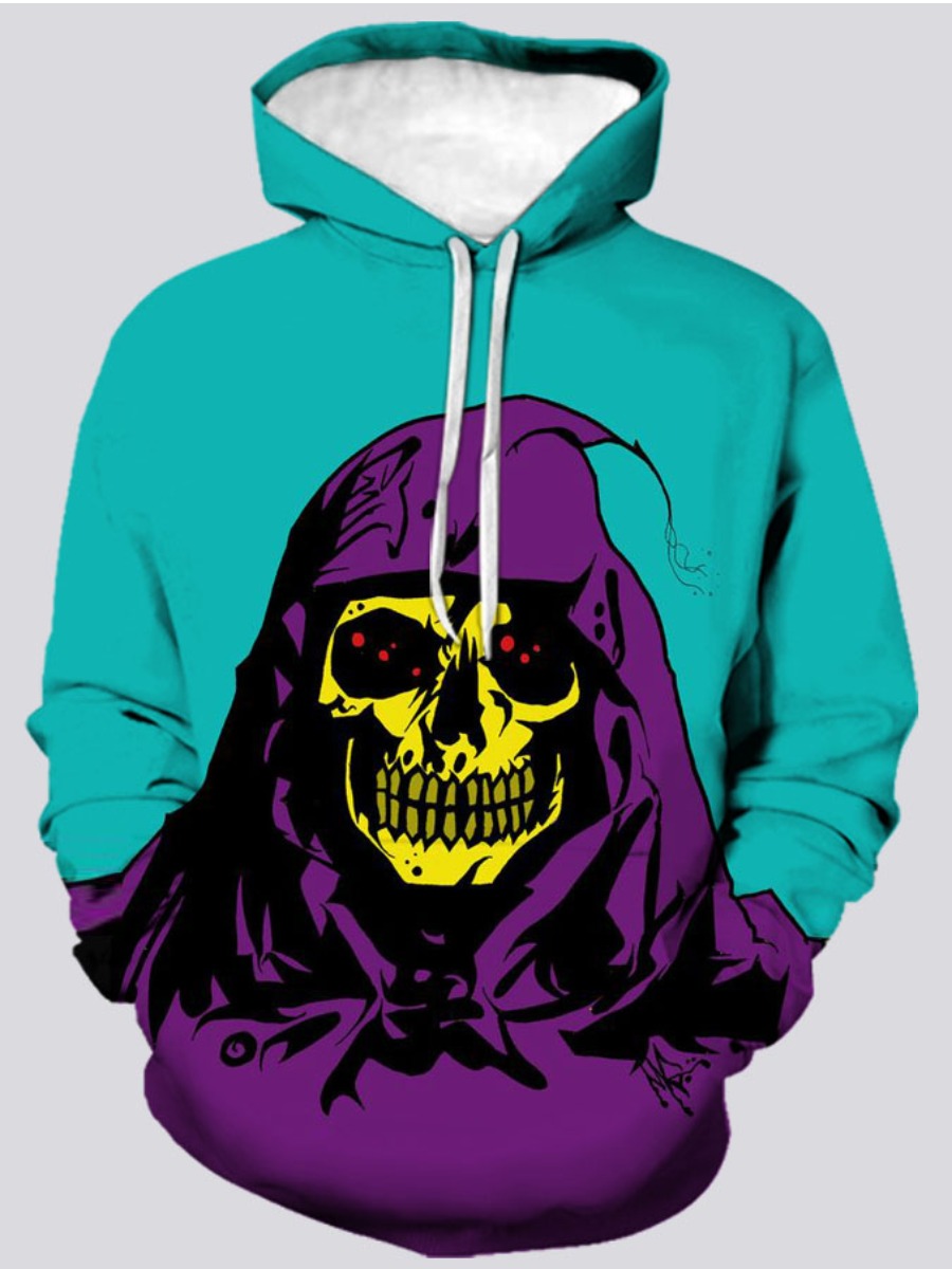

LW Men Skull Head Print Patchwork Oversized Hoodie, Acid blue