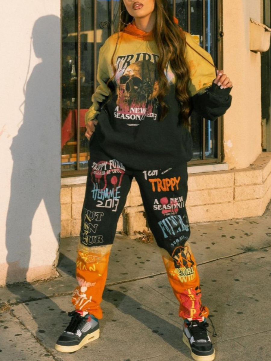 

LW Skull Head Letter Print Oversized Crop Top Sweatshirt Set, Black