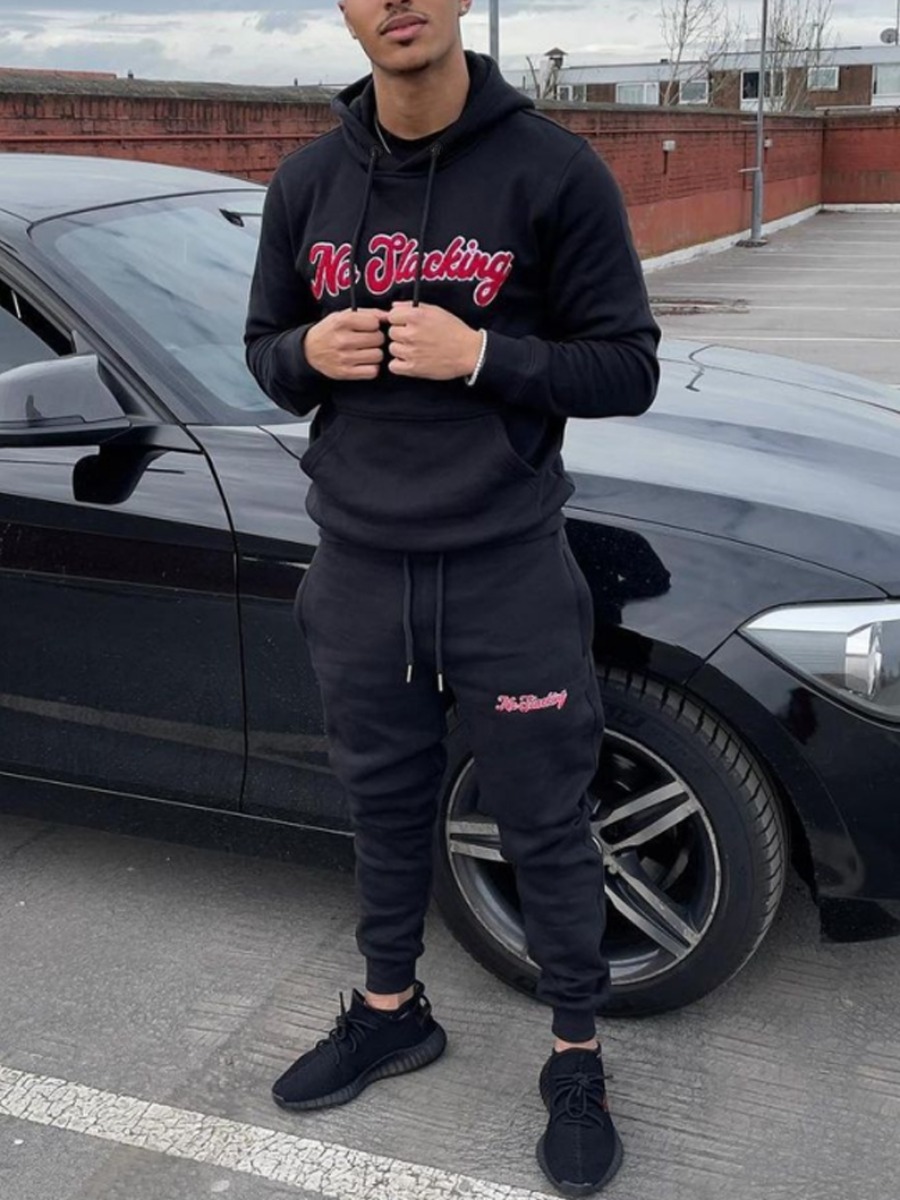 

LW Men Hooded Collar Letter Print Pants Set, Black