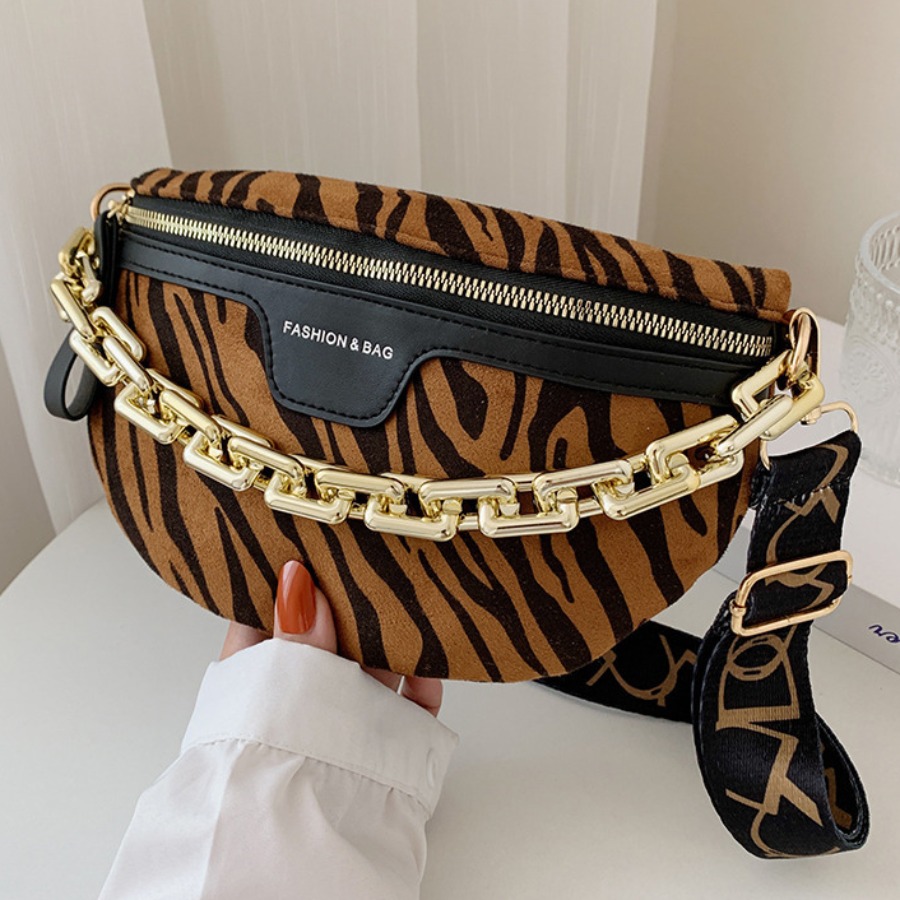 

LW Zebra Striped Chain Strap Bum Bag, Brown