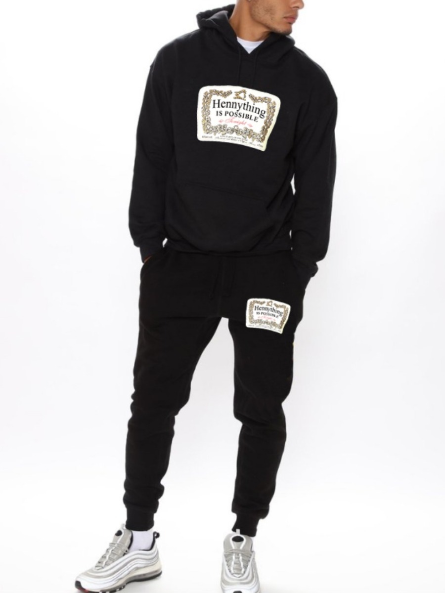 LW Men Hooded Collar Letter Print Tracksuit Set