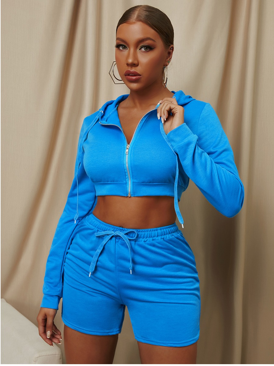 

LW Hooded Collar Crop Top Tracksuit Set, Blue