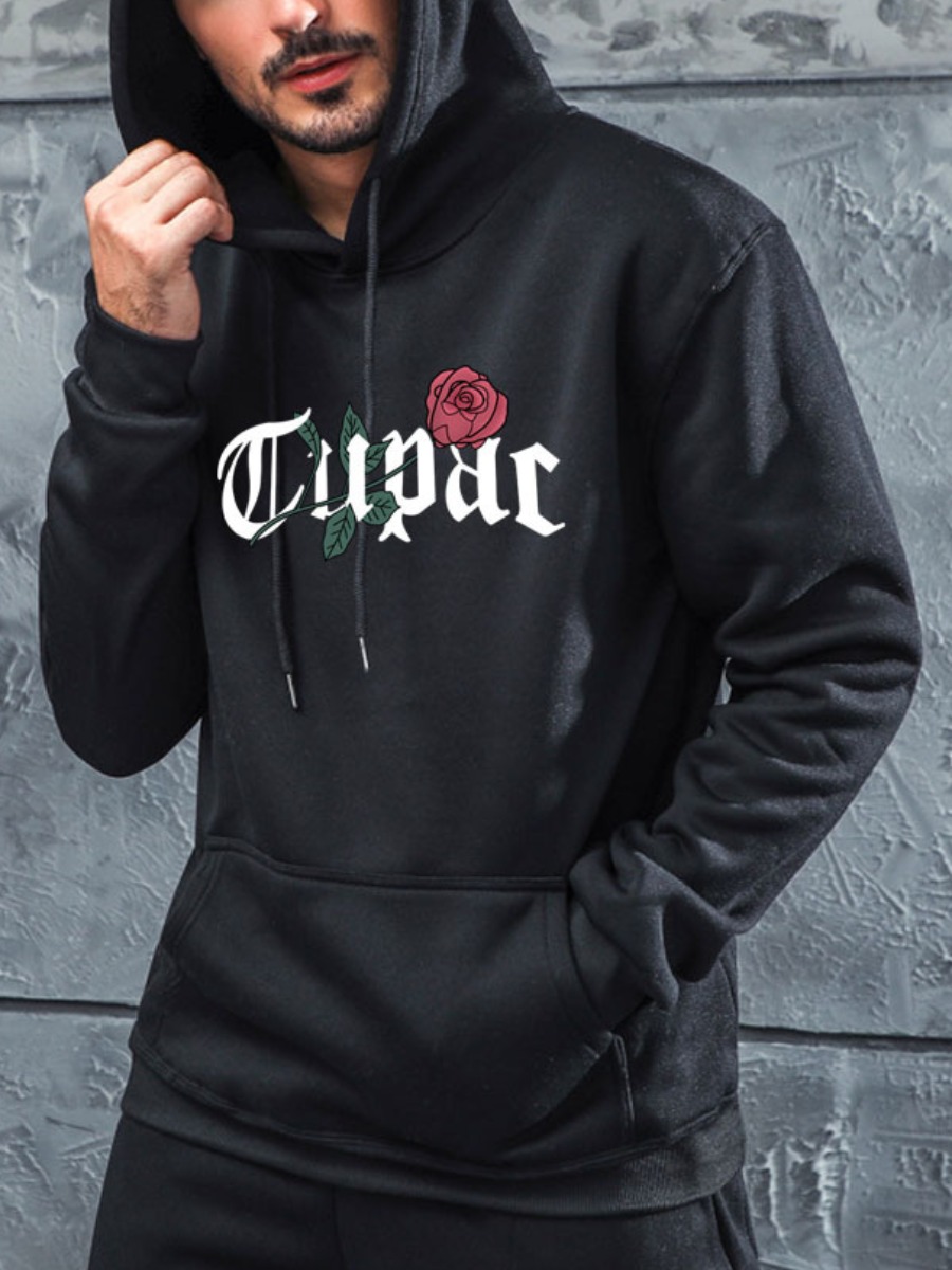 

LW Men Floral Letter Print Hoodie, Black