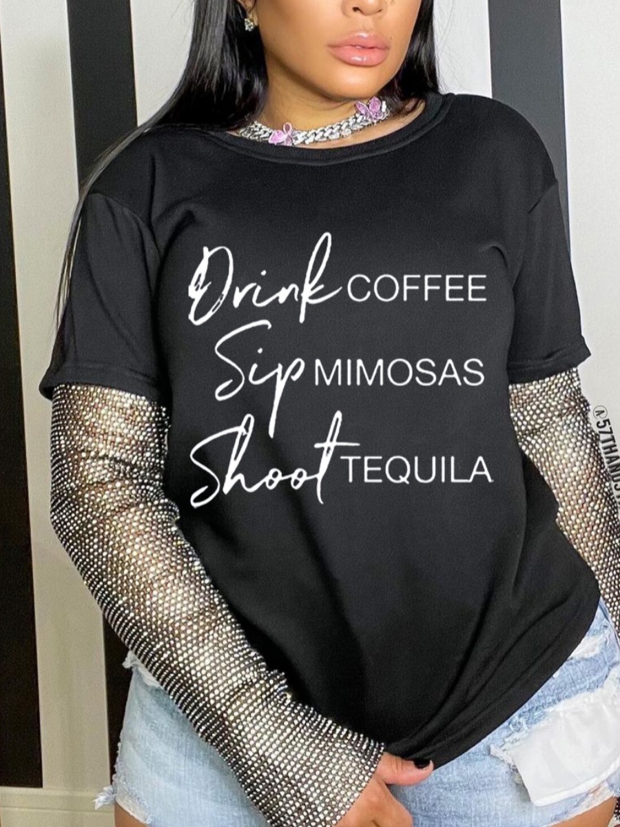 

LW BASICS Round Neck Letter Print T-shirt (Without Silver Sleeves), Black