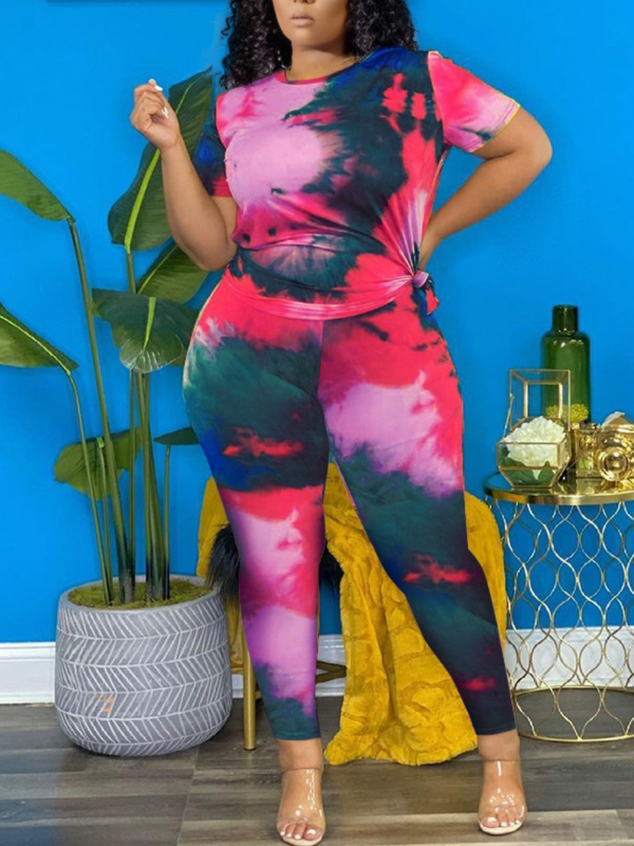 

LW Plus Size Round Neck Tie-dye Pants Set, Red