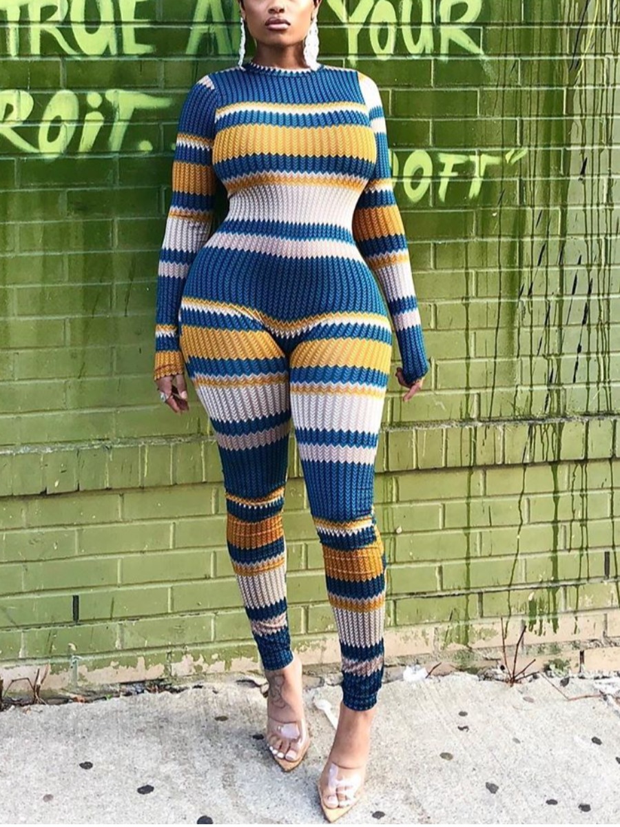 

LW Stylish O Neck Striped Blue One-piece Jumpsuit
