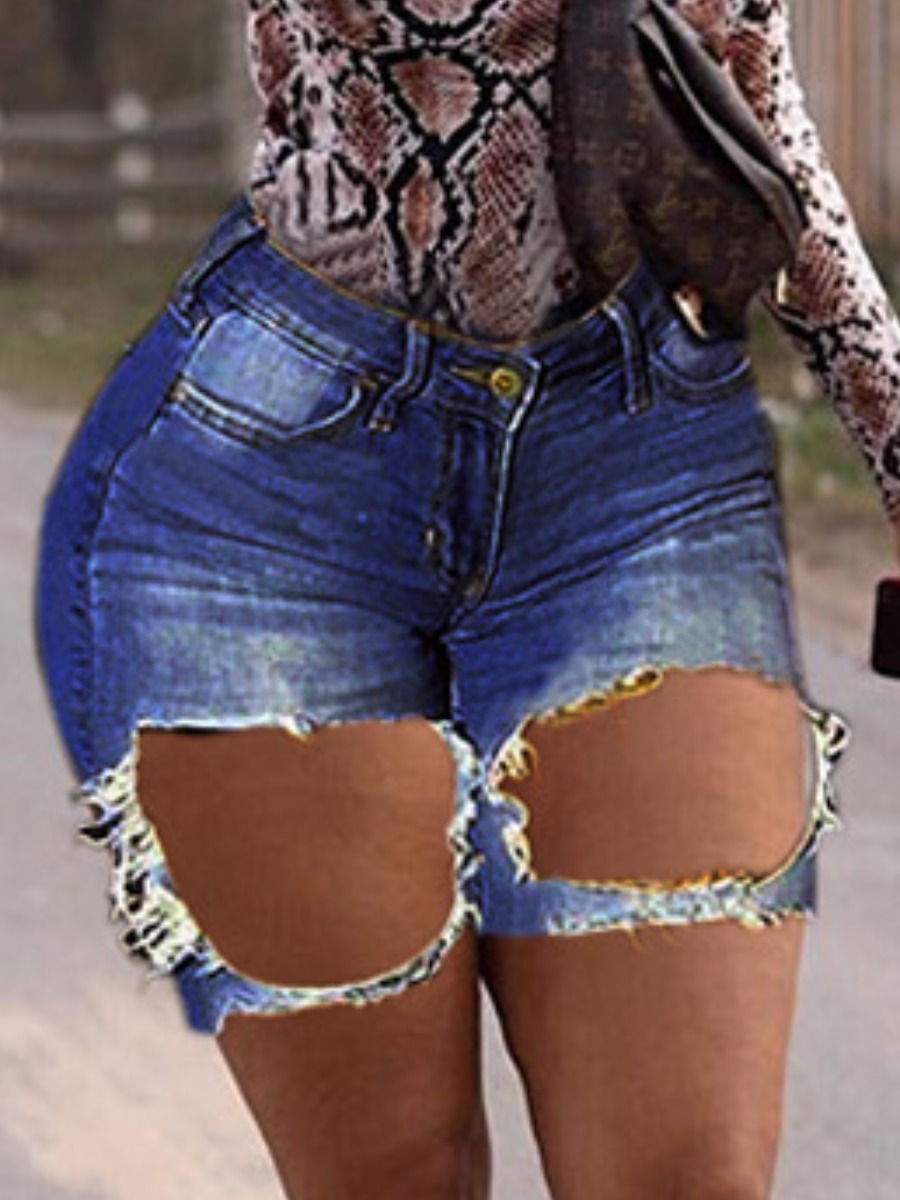 

LW High-waisted Ripped Denim Shorts, Deep blue