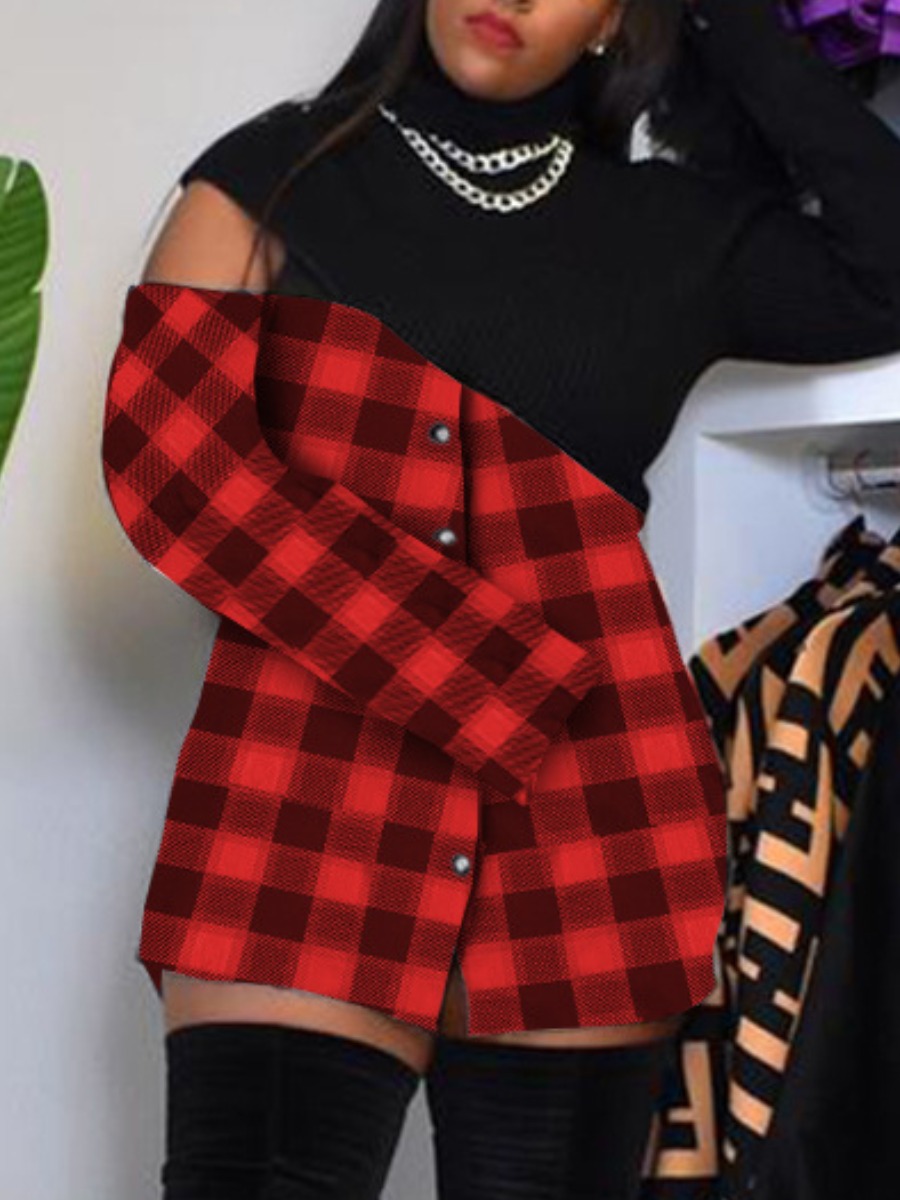 

Lovely Plus Size Plaid Patchwork Dress, Red