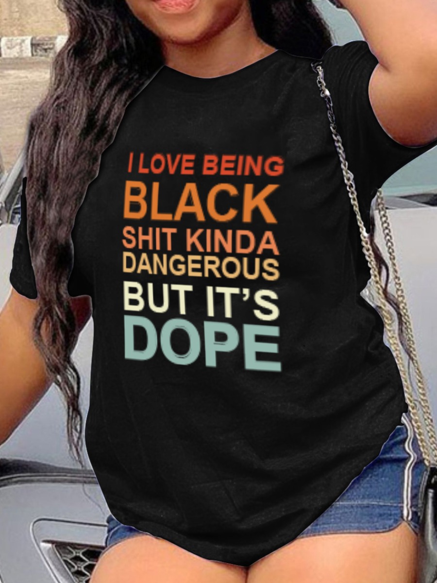 

LW Plus Size Round Neck Letter Print T-shirt, Black
