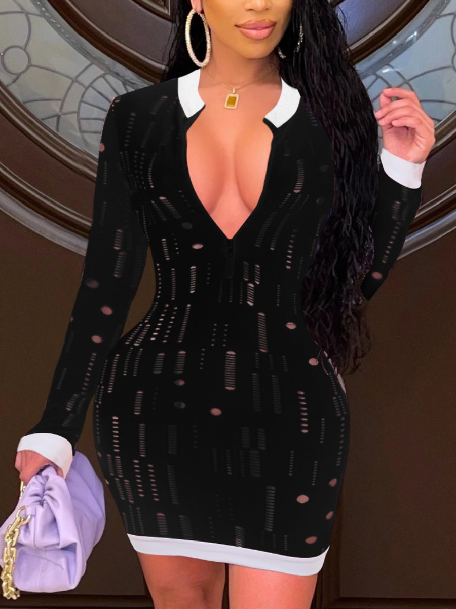 

LW SXY V Neck Hollow-out Bodycon Dress, Black