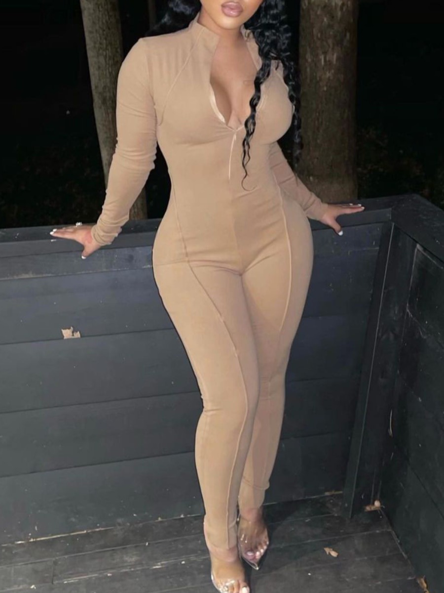 

LW BASICS Zipper Design Skinny Jumpsuit, Khaki