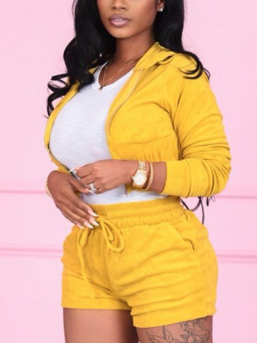 

LW BASICS Hooded Collar Drawstring Shorts Set (Without Camisole), Yellow
