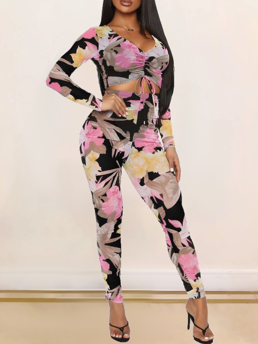 

LW SXY Floral Print Drawstring Pants Set, Multi