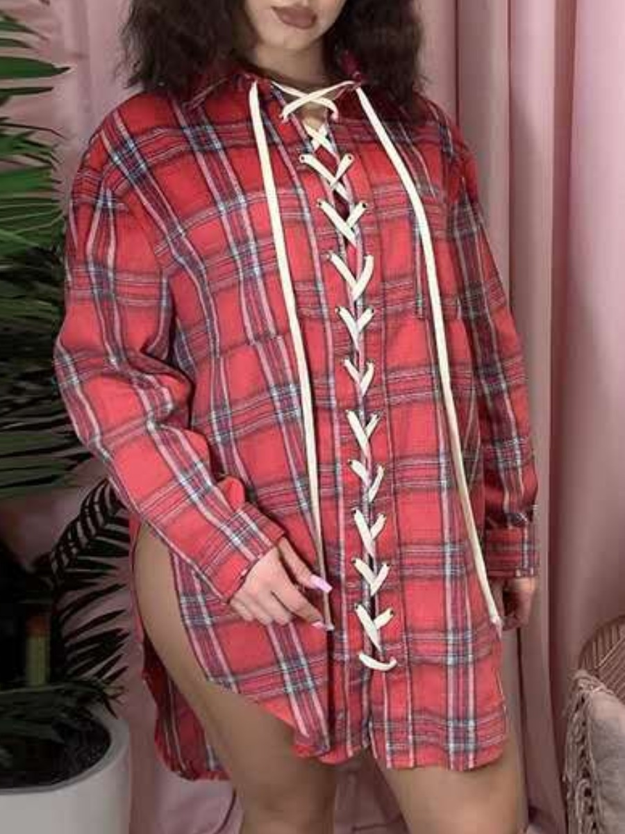 

LW SXY Plaid Print Bandage Design Shirt Dress, Red