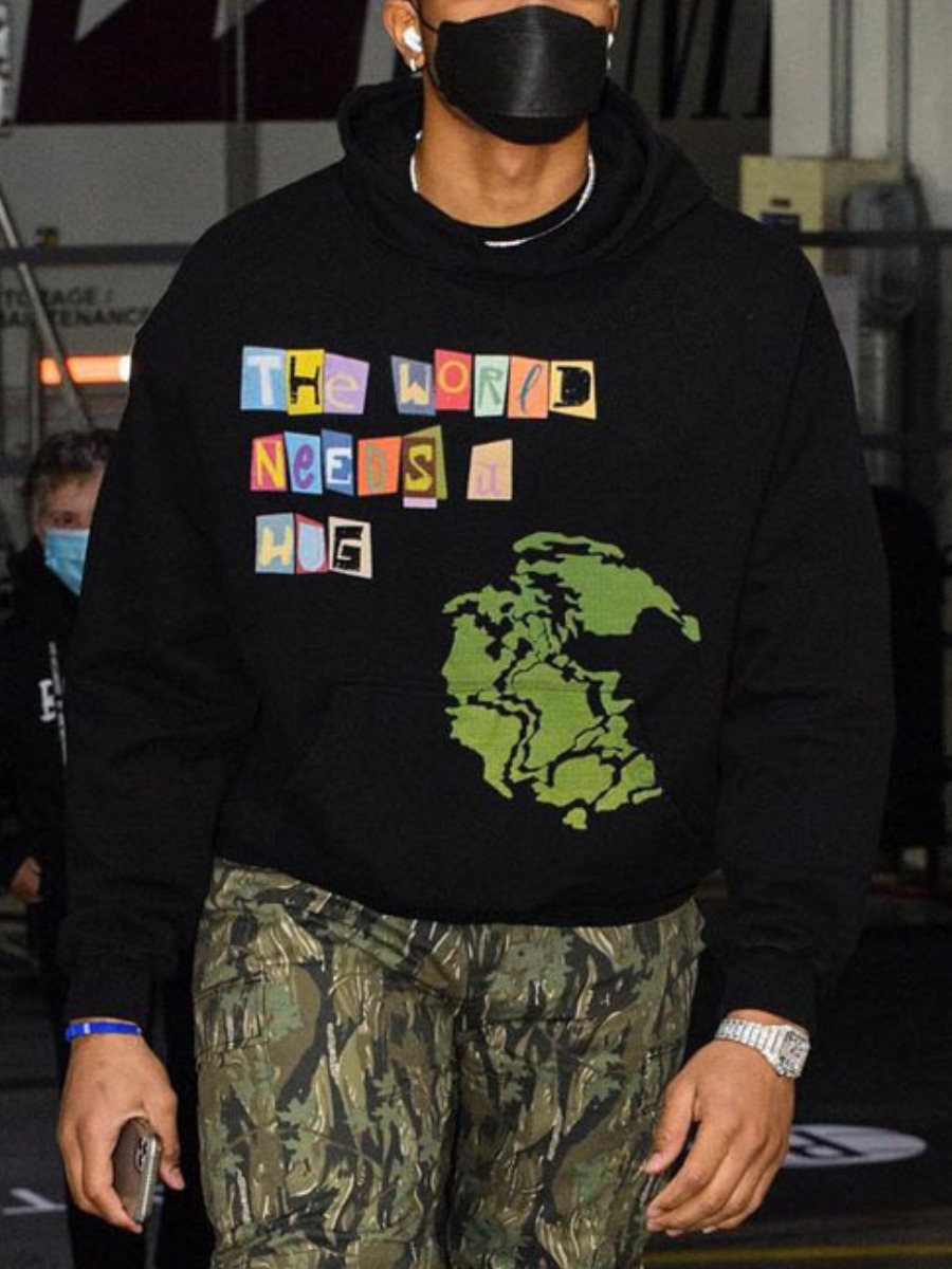 

LW Men Map Letter Print Hoodie, Black