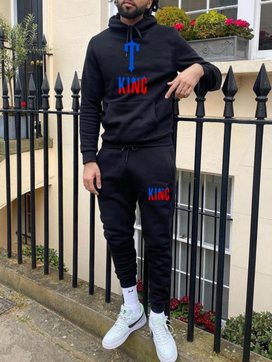 

LW Men Hooded Collar Letter Print Pants Set, Black