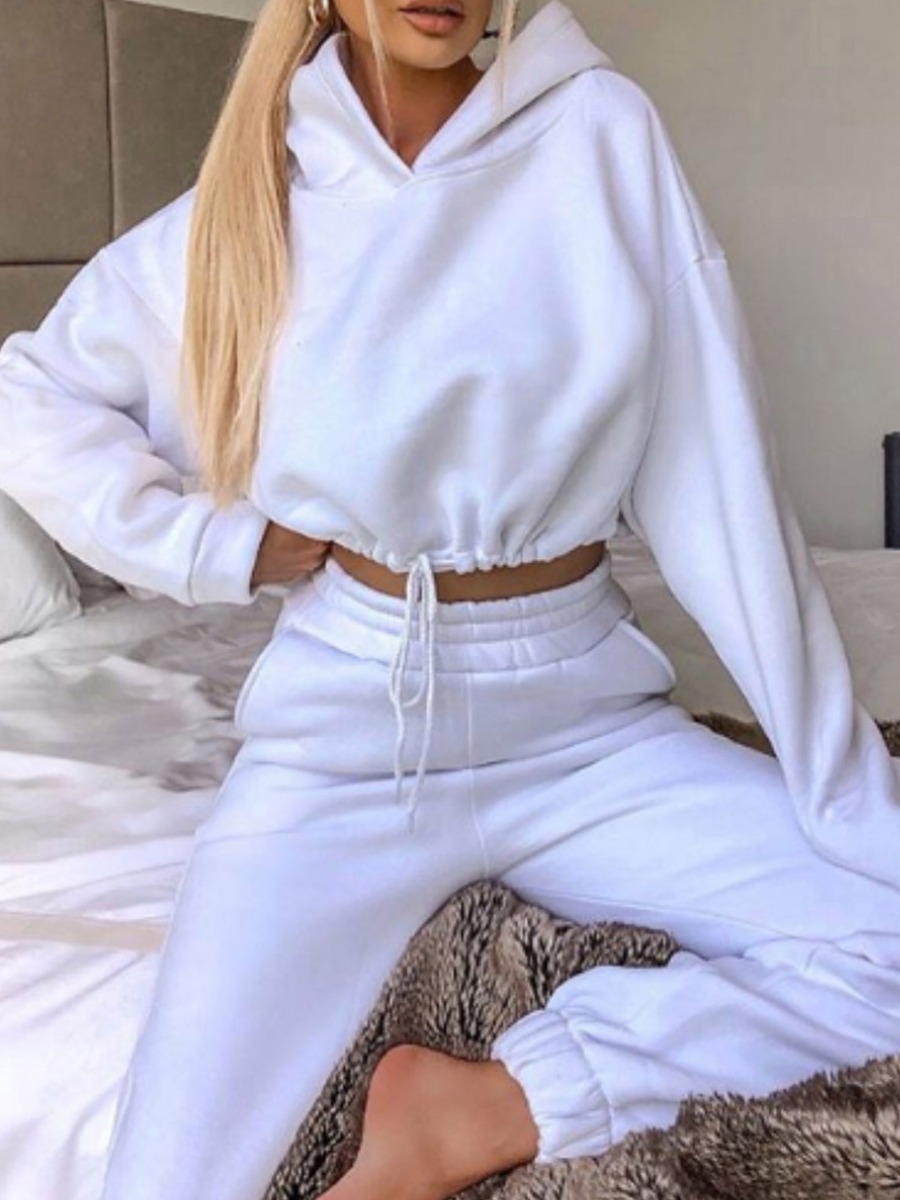

LW BASICS Hooded Collar Drawstring Oversized Crop Top Sweatsuit Set, White