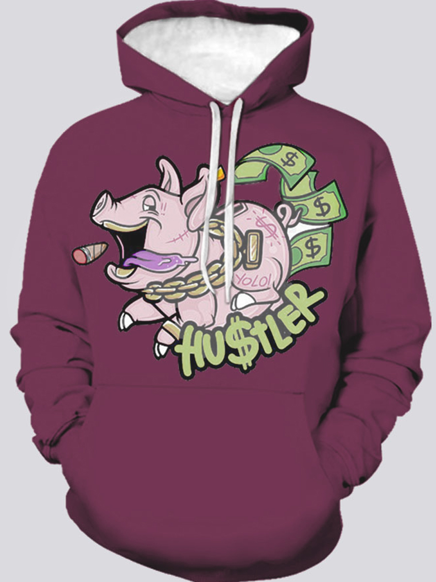 

LW Men Cartoon Letter Print Oversized Hoodie, Wine red