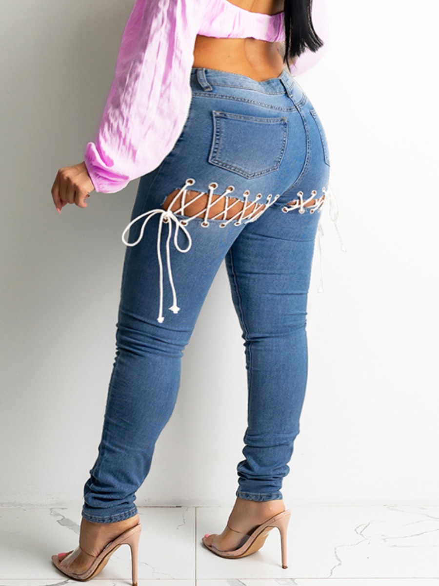 

LW Plus Size Bandage Hollow-out Design Jeans, Baby blue