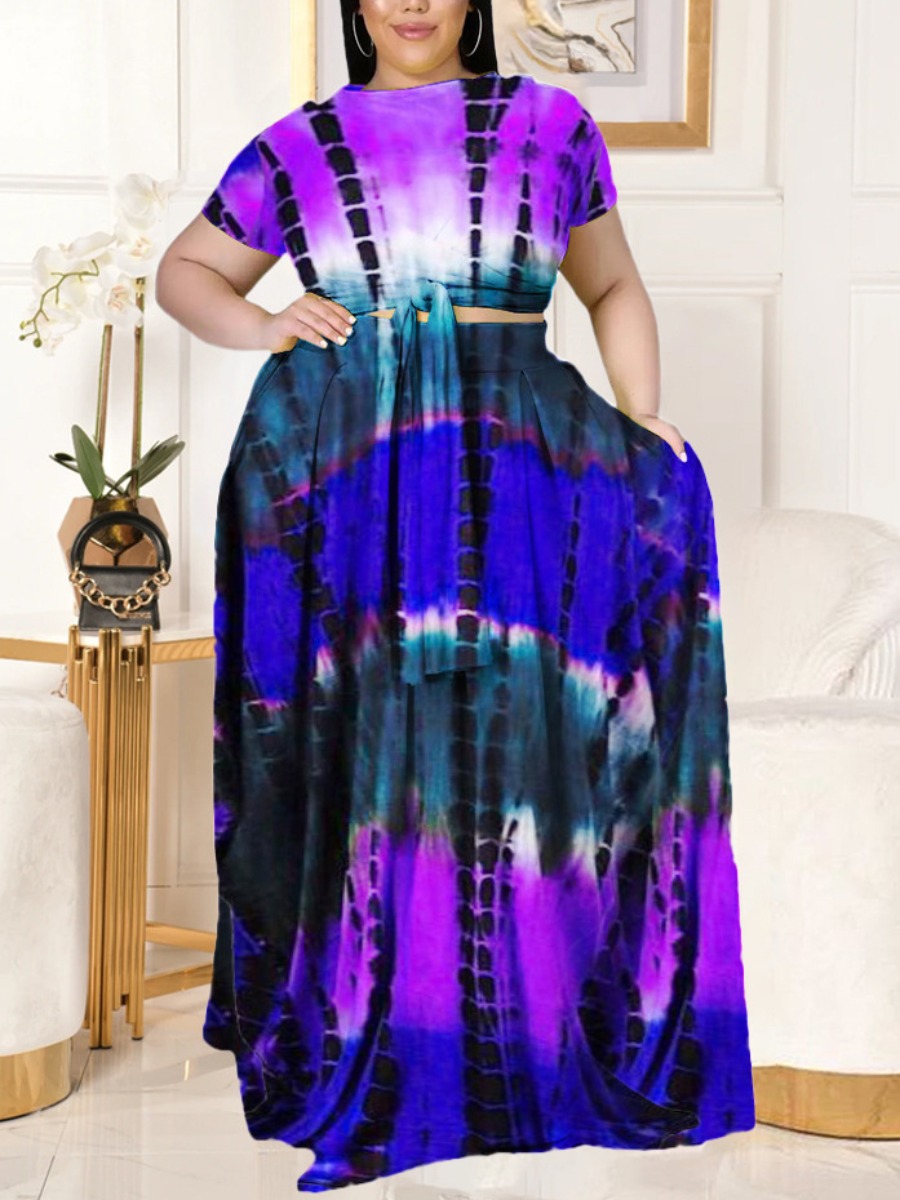 

LW Plus Size Tie-dye Bandage Design Skirt Set, Purple