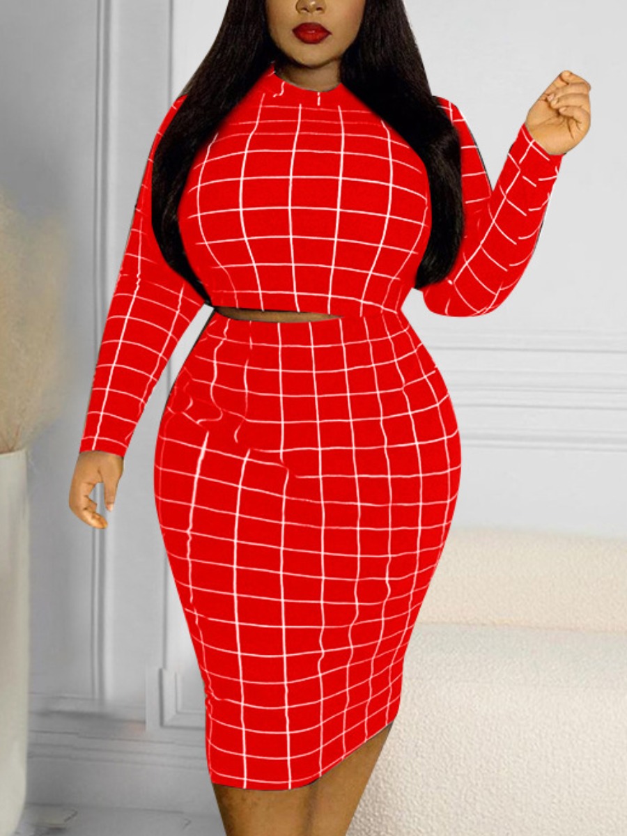 

LW Plus Size Round Neck Plaid Print Skirt Set, Red