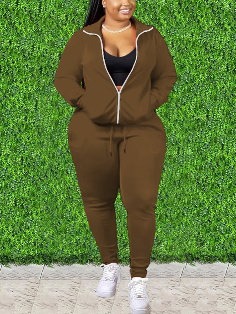 

LW Plus Size Kangaroo Pocket Drawstring Pants Set, Brown