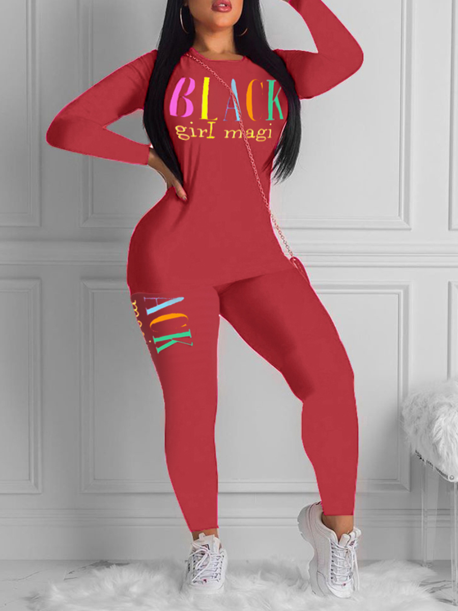 

LW Plus Size Round Neck Letter Print Pants Set, Red