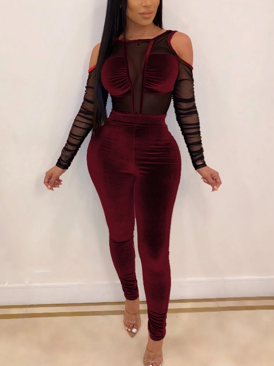 

LW SXY Cold Shoulder See-through Jumpsuit, Red