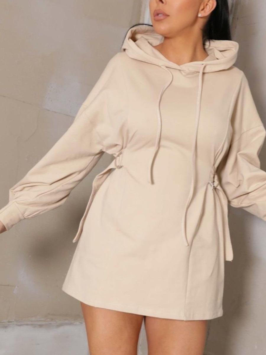 

LW Hooded Collar Buckle Design Sweat Dress, Beige