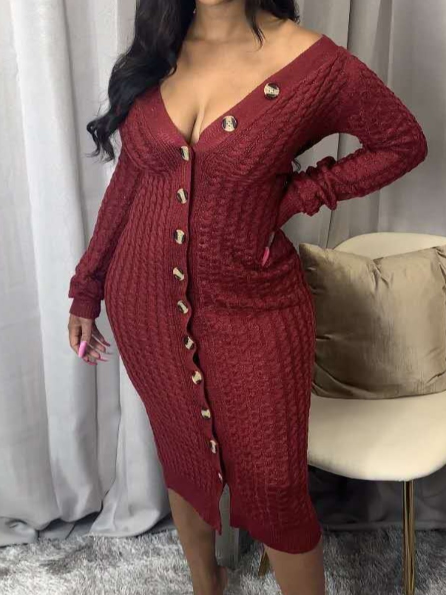 

LW V Neck Button Design Bodycon Dress, Red