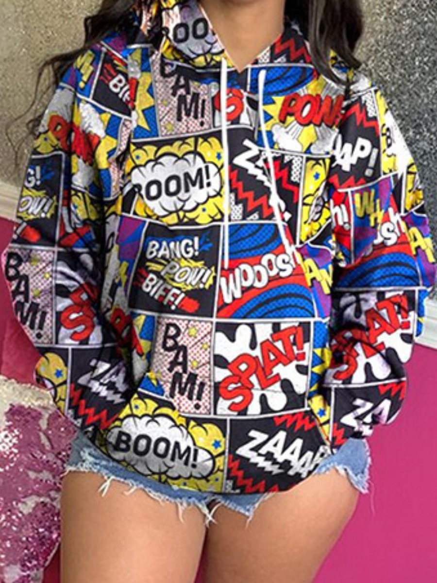 

LW Cartoon Letter Print Oversized Hoodie, Multi