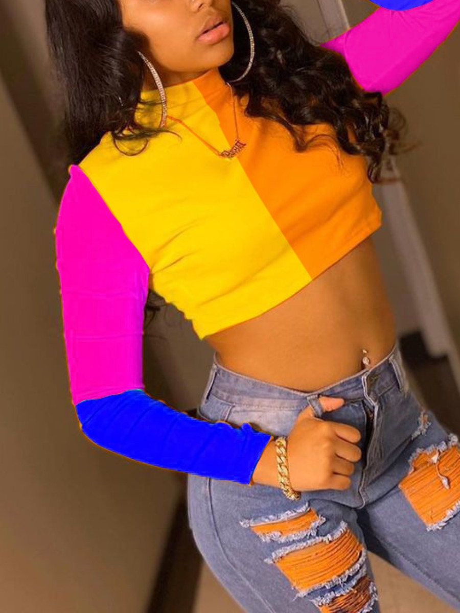 

Lovely Color-lump Crop Top T-shirt, Multi