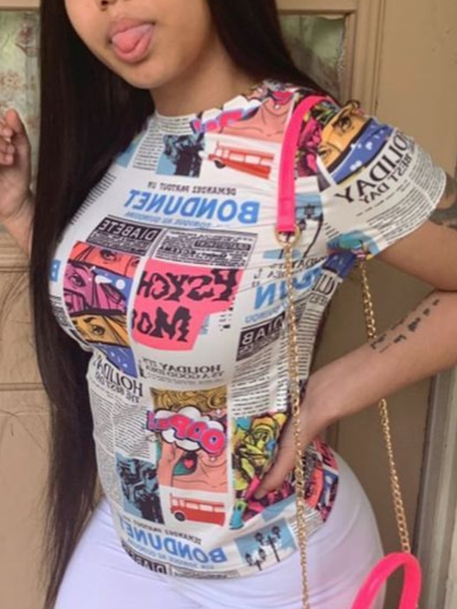 

LW BASICS Newspaper Cartoon Print T-shirt, White