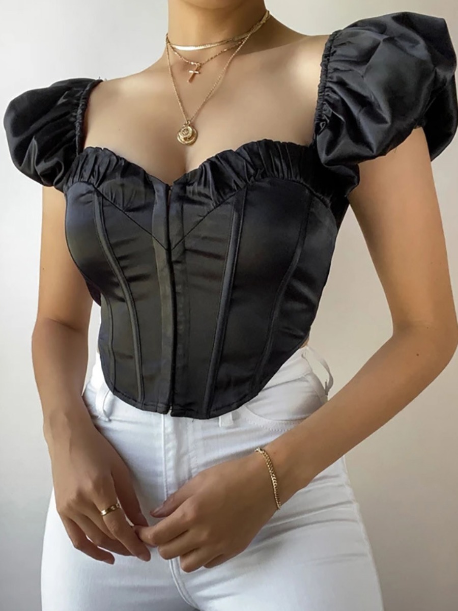 

LW BASICS Square Neck Fold Design Blouse, Black