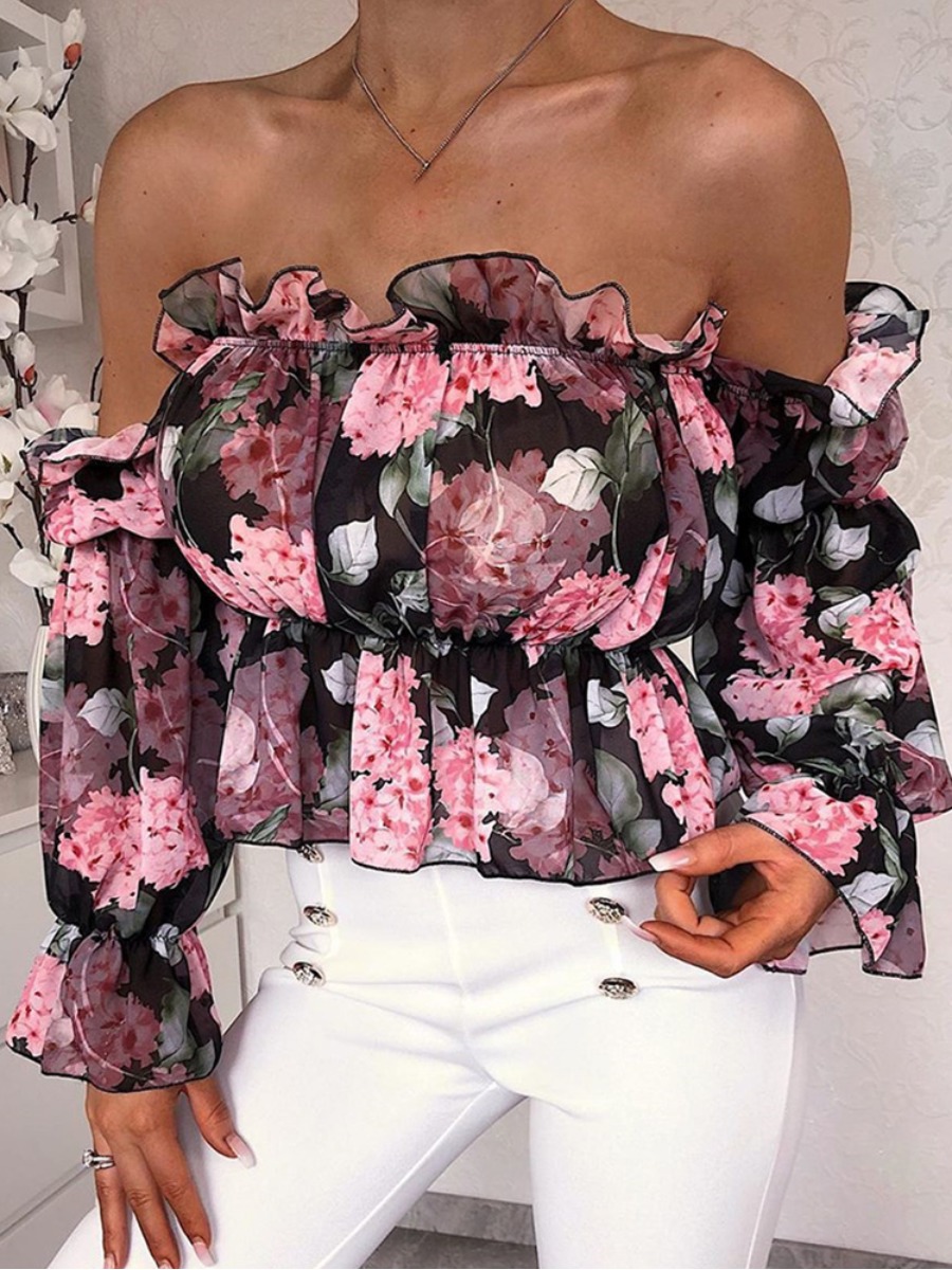 

Lovely Floral Print Flounce Design Blouse, Pink
