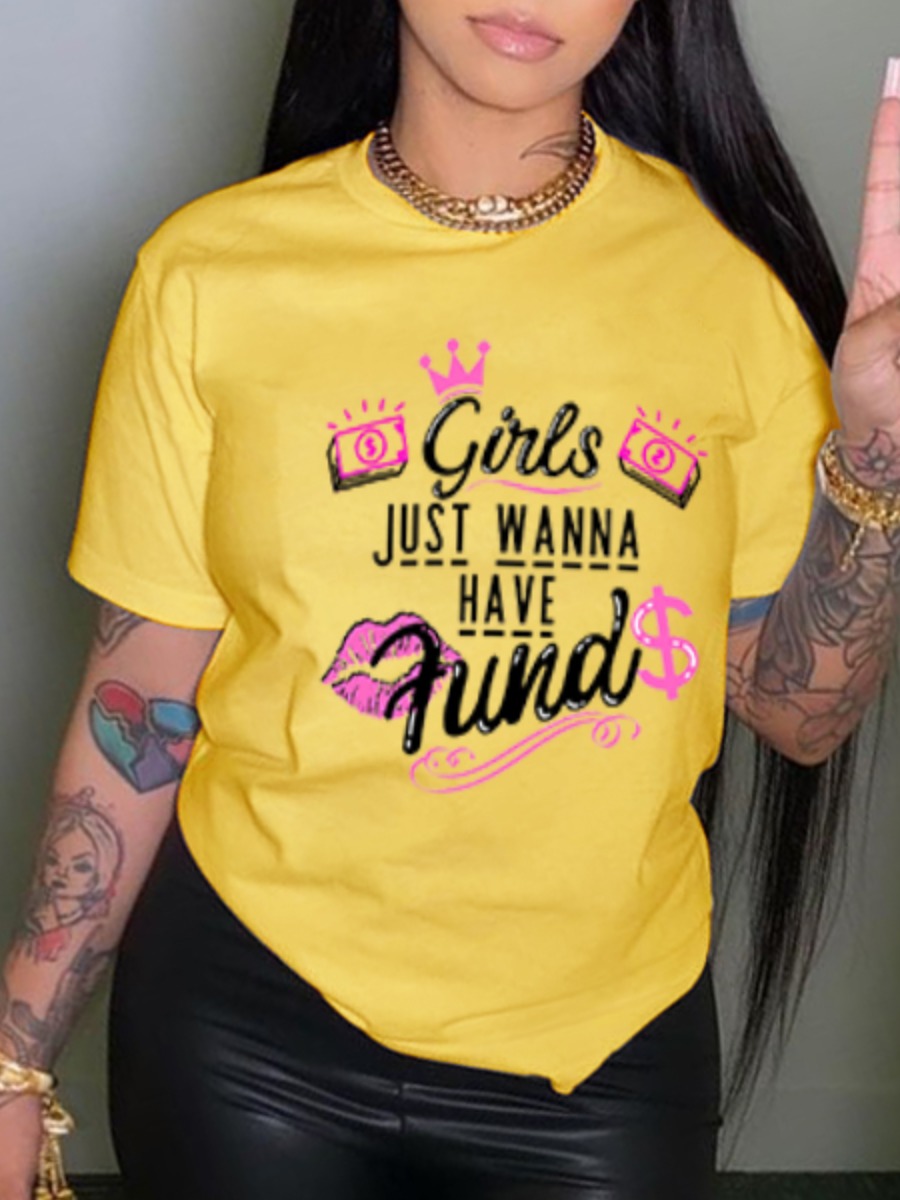 

LW BASICS Crown Lip Letter Print T-shirt, Yellow