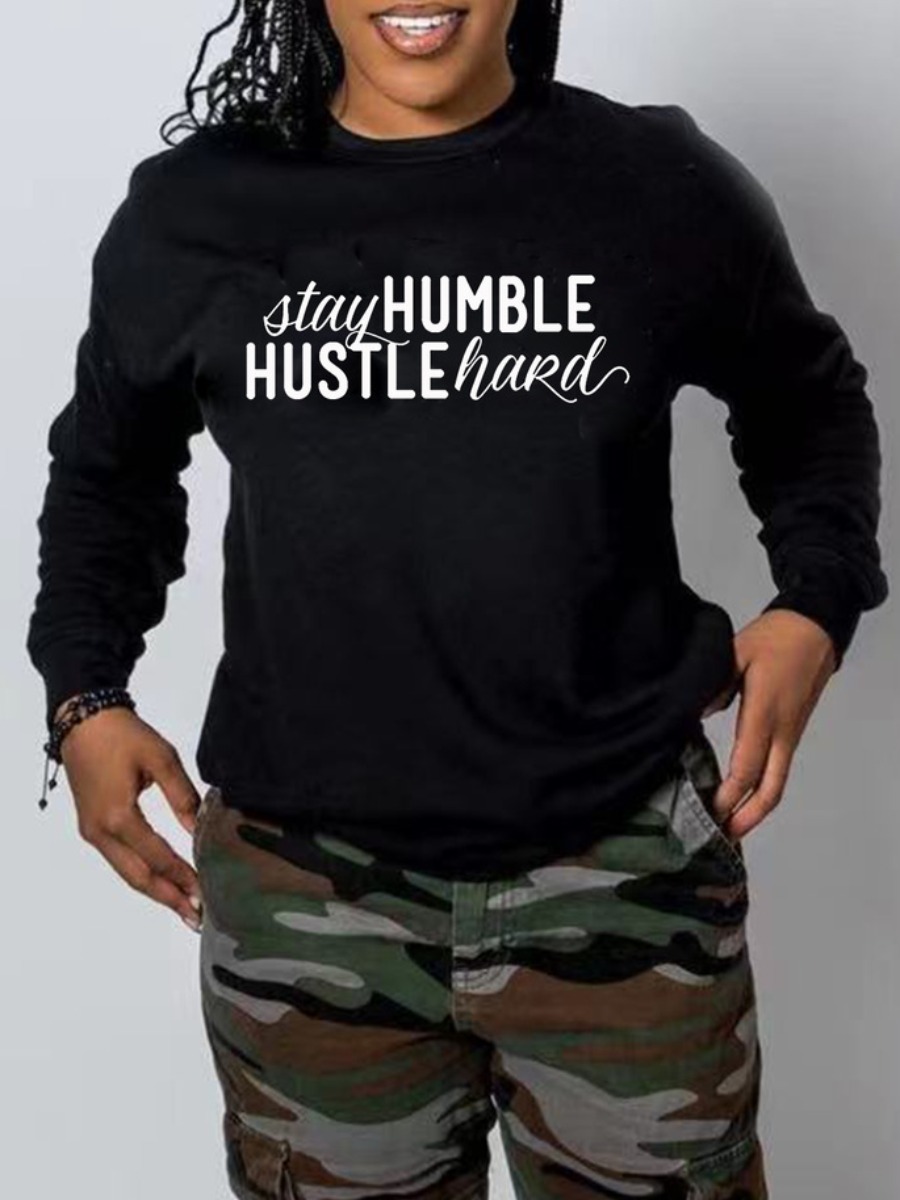 

LW Round Neck Letter Print Hoodie, Black