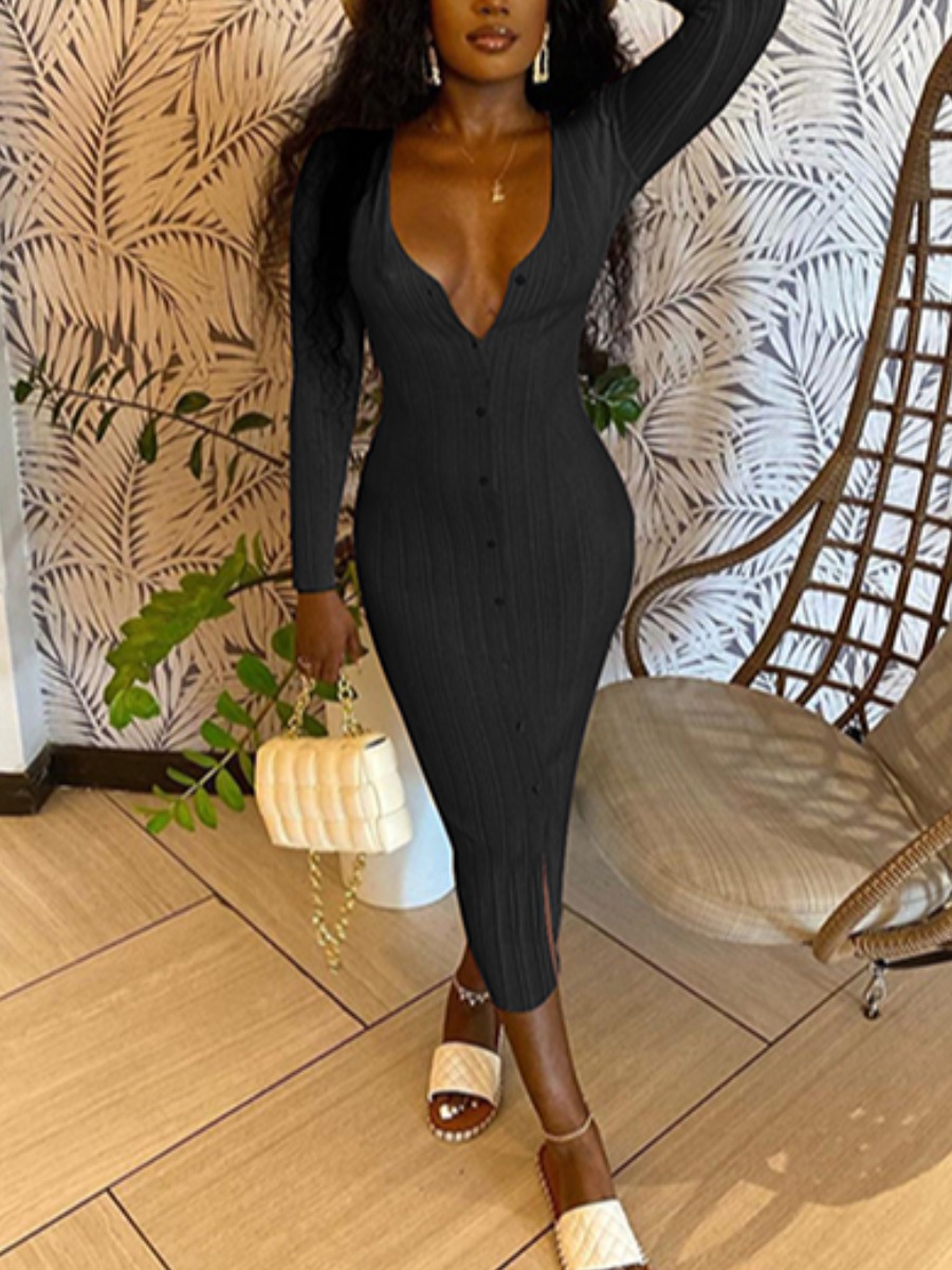 

LW V Neck Button Design Dress, Black
