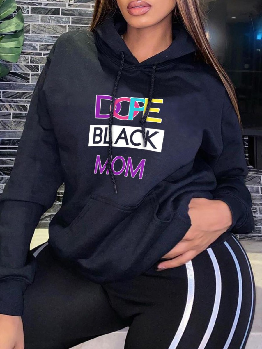 

LW Plus Size Hooded Collar Letter Print Hoodie, Black