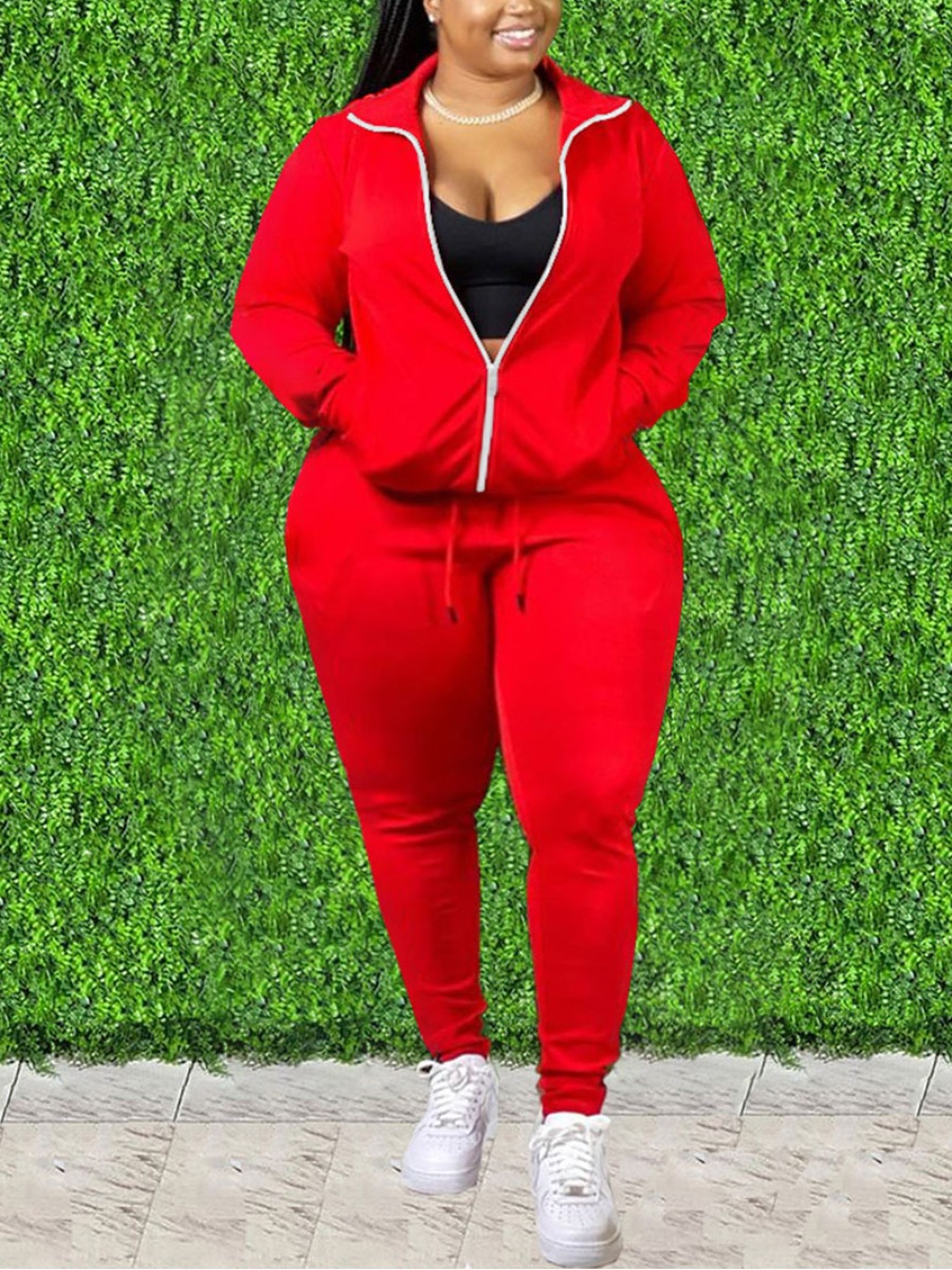

LW Plus Size Kangaroo Pocket Drawstring Pants Set, Red