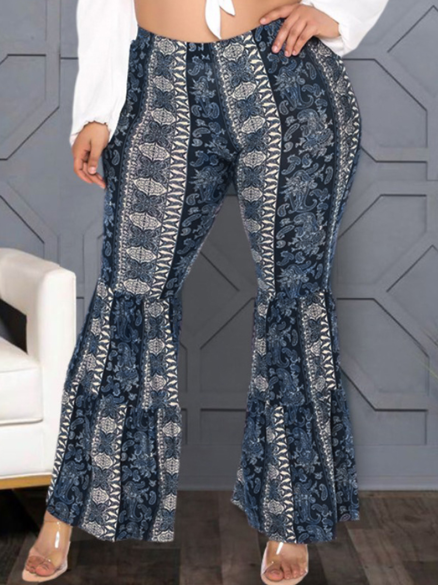 

LW Plus Size Cashew Print Flared Pants, Deep blue