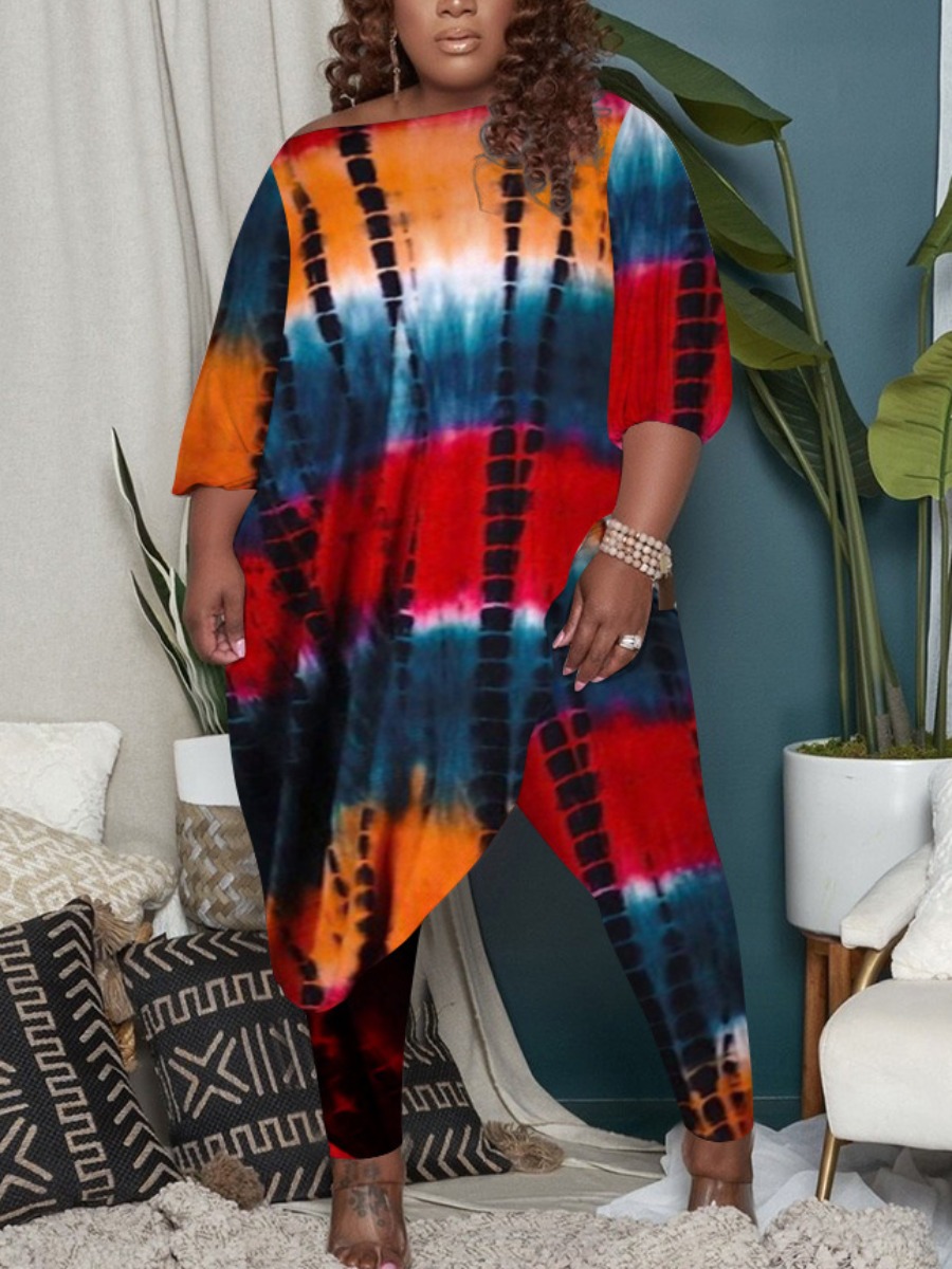 

LW Plus Size Tie-dye Asymmetrical Pants Set, Orange