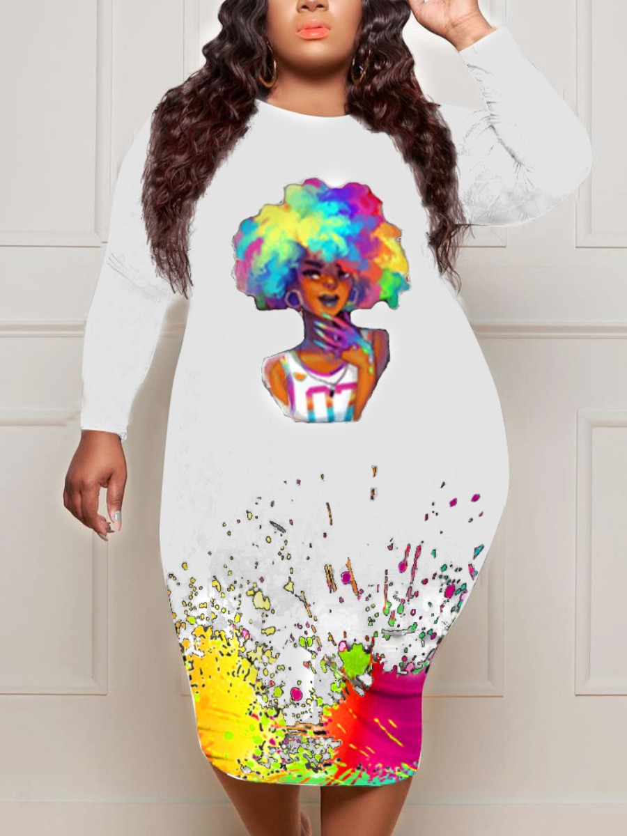 

LW Plus Size Splash-ink Design Bodycon Dress, White