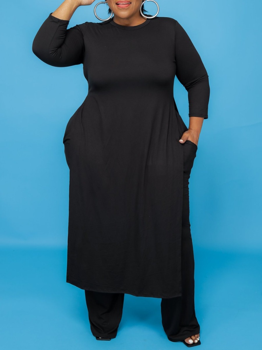 

LW BASICS Plus Size Round Neck Side Split Pants Set, Black