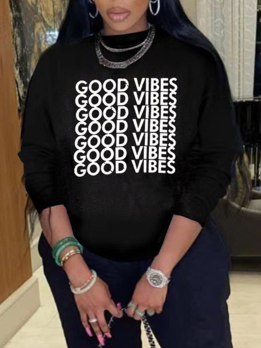 

LW Plus Size Round Neck Letter Print Hoodie, Black