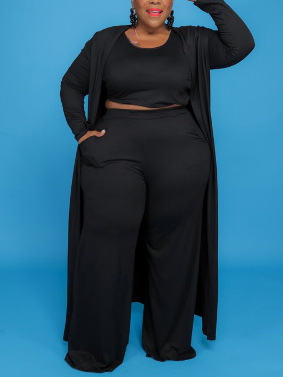 

LW BASICS Plus Size U Neck Wide Leg Three-piece Pants Set, Black