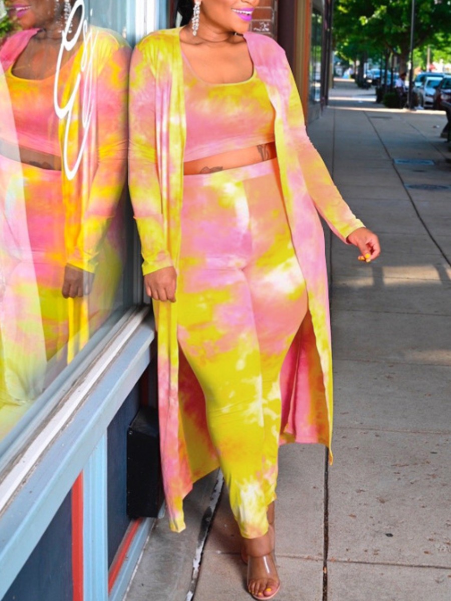 

LW Plus Size U Neck Tie-dye Three-piece Pants Set, Yellow