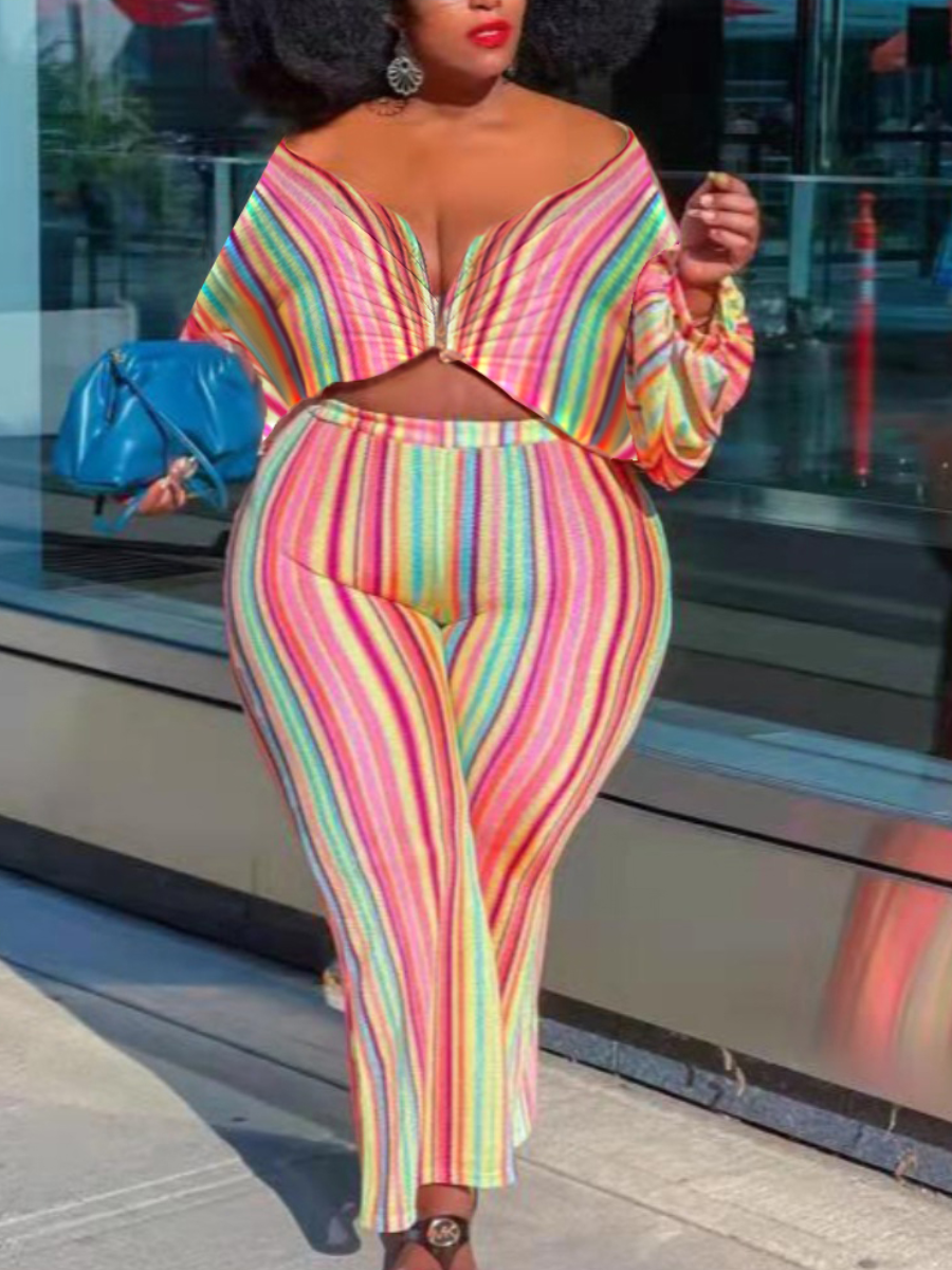 

LW Plus Size Off The Shoulder Striped Pants Set, Multicolor mstn
